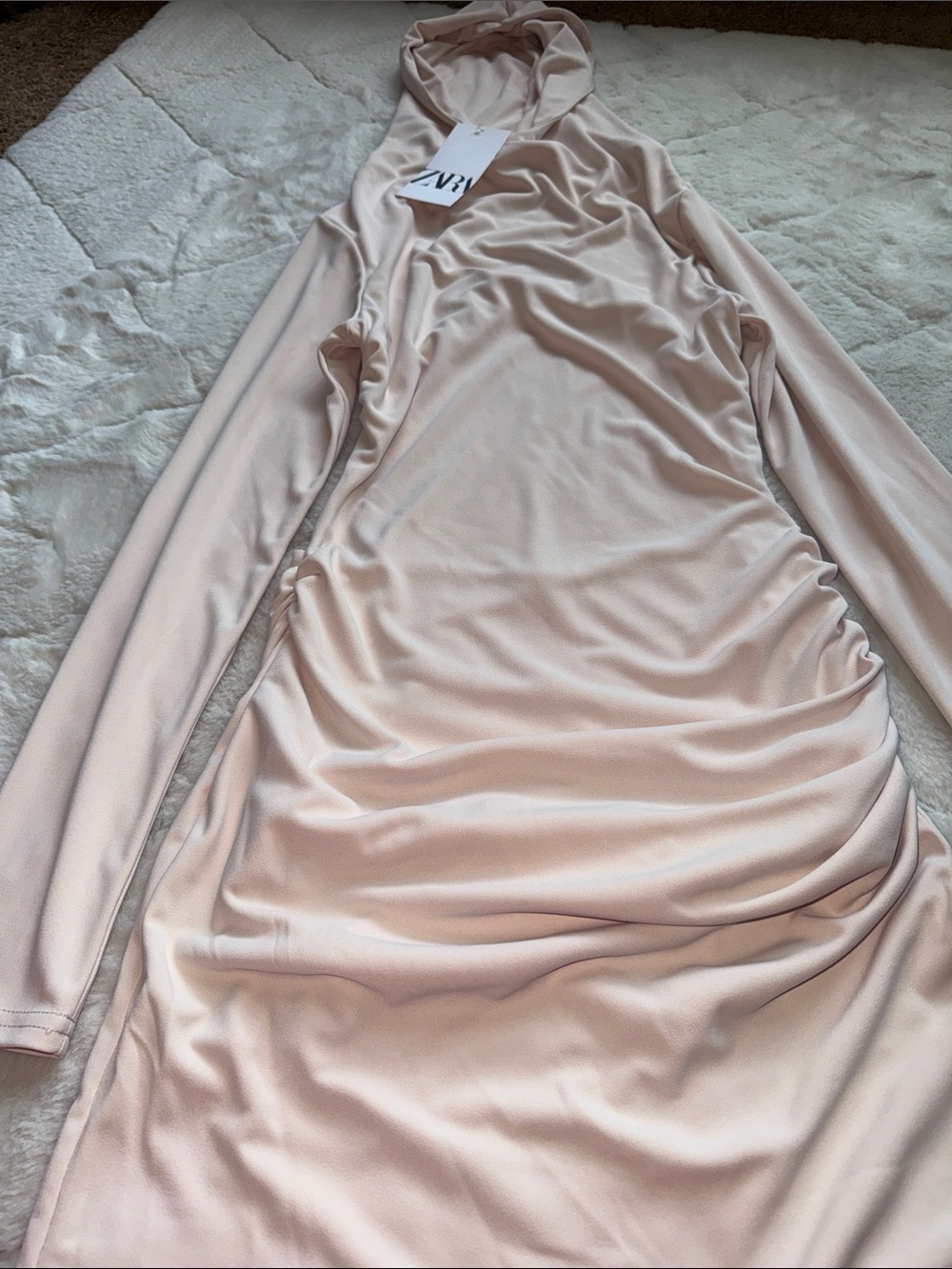 Zara Cream Long-Sleeve Hooded Ruched Dress